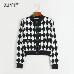 ZJYT Autumn Winter Plaid Cardigan Sweaters for Women Knitting Tops Long Sleeve Single Breasted Knitwears Jersey Mujer Fashion