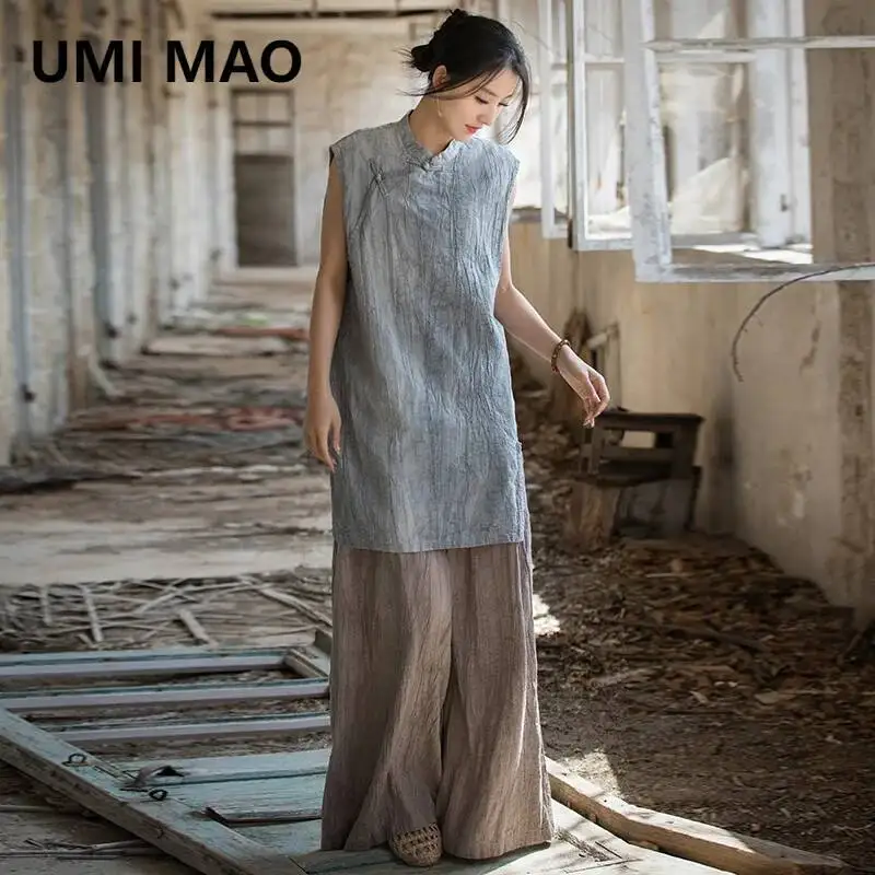UMI MAO Chinese Style Top Summer Original New Ramie Thin Tie Dyed Vest Top New Chinese Button Sleeveless Women's T-shirt