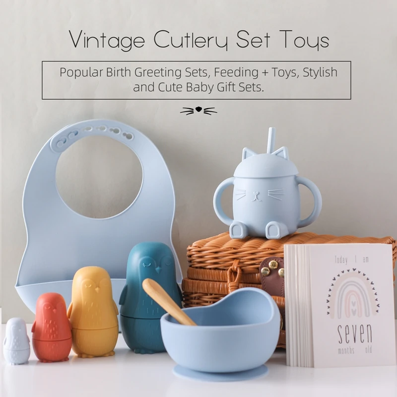 Baby Voeding Servies Box Set Siliconen Bib Cat Cup Siliconen Kom Lepel Stapelen Pop Speelgoed Baby Bpa Gratis Geboorte Vintage Box Geschenken