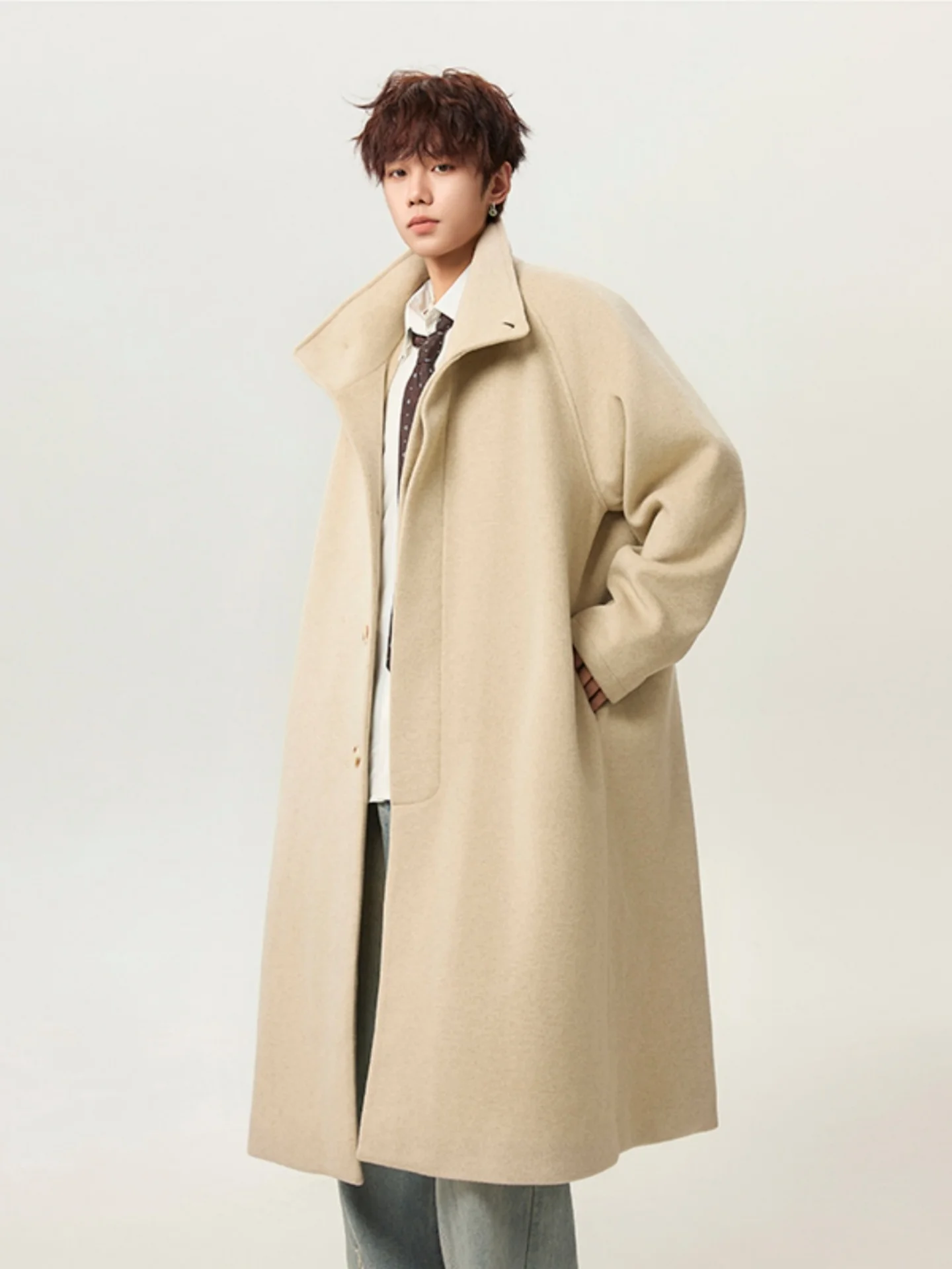 

Корейское шерстяное пальто средней длины с воротником-стойкой для мужчин, зимнее, теплое, утолщенное, повседневное, выше колена, ветрозащитная куртка