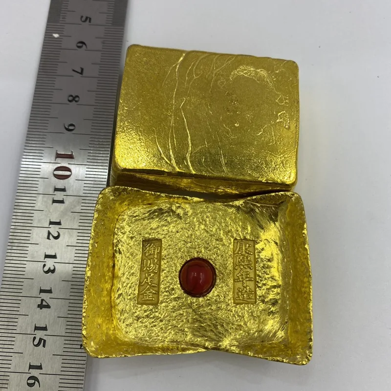 Antique Miscellaneous Copper Gold Ingot Twelve Zodiac Square Gold Ingot Inlaid Gem Antique Qing Dynasty Five Emperors Gold Ingot