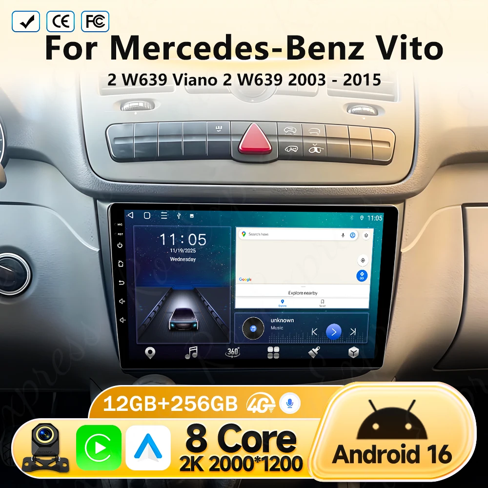Autoradio Android pour Mercedes-Benz Vito 2 W639 Viano 2 W639 2003 - 2015 Lecteur multimédia vidéo stéréo Navigation GPS 5G WIFI