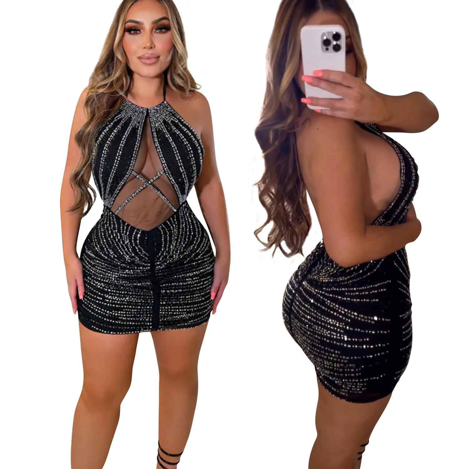 C6757 Gaun Rok Pendek Punggung Terbuka Berlian Panas Jaring Warna Polos Wanita Fashion