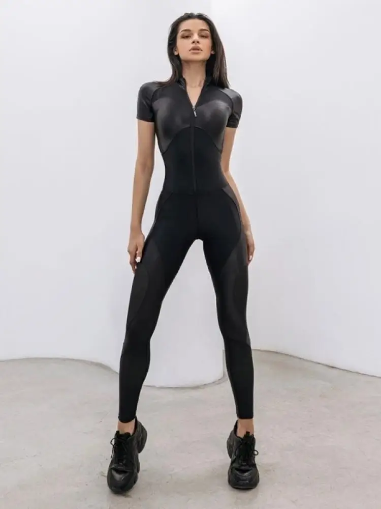 

Bonboho Women Solid Black Skinny Jumpsuit Zippered Short Sleeves Patchworked One-piece Suits for Female Fitness Tracksuits