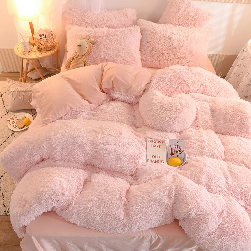 Solid Color Warm Mink Fur Bedding Set, Winter Thick Fluffy Plush Duvet Cover Four Piece Set, Soft Fuzzy Duvet Cover & Bed Sheet
