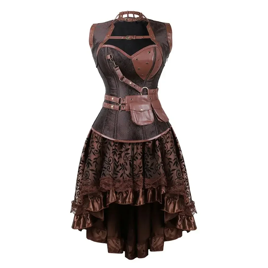 

Sexy Women Steampunk Gothic Corset Skirt Vintage Corset Overbust Leather Bustier Top With Asymmetric Floral Skirt Pirate Costume
