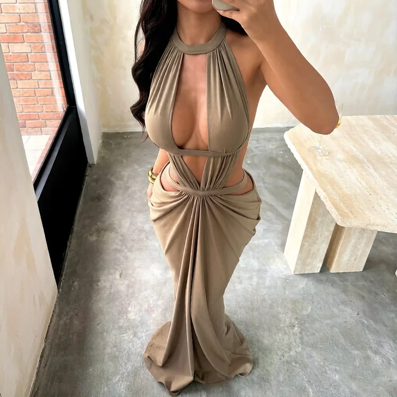 Sexy Neckline Sleeveless Floor-Length Dress Show Figure Slim Fit Backless Trendy Women's Casual V-Neck Gown Spring Summer Autumn