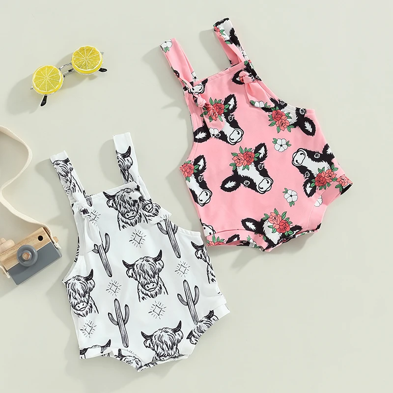 

2023-05-22 Lioraitiin 0-24M Newborn Infant Baby Girl Summer Bodysuit Sleeveless Cow Printed Crew Neck Jumpsuit 2Colors