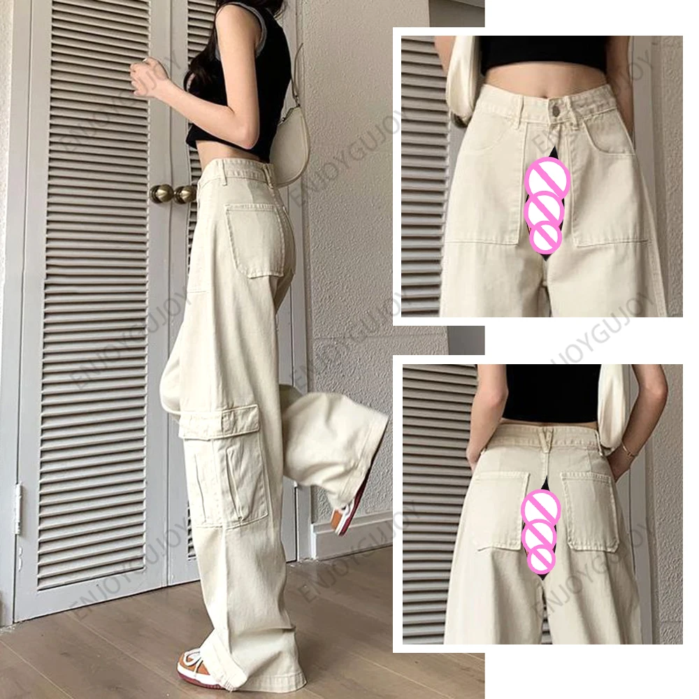 High Street Sand White Cargo Women's，Autumn Jeans，High Waist Fashion Invisible Open Crotch Outdoor Sex，Versatile Wide Leg Pants