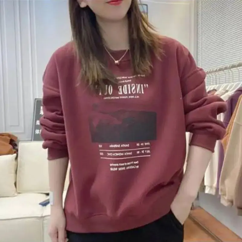 All-match Women\'s Clothing Spring Autumn Pullover Lantern Long Sleeve Letter Natural Scenery Printing Round Neck Casual Tops