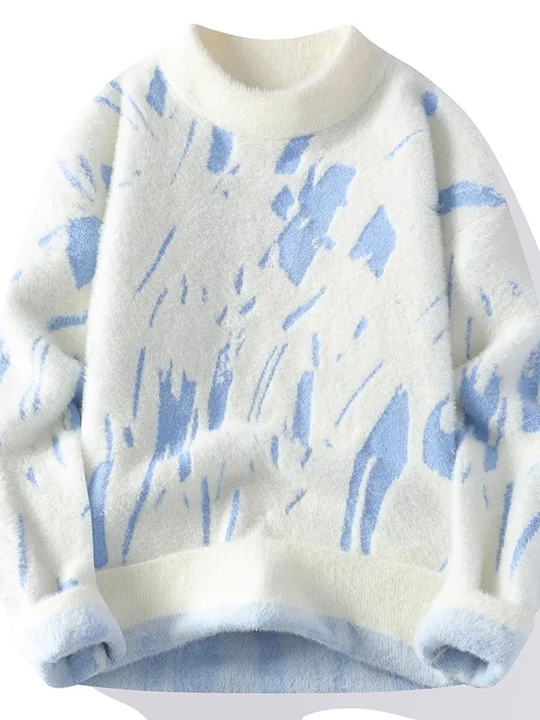 

Зимний утепленный мужской свитер из вельвета с эффектом тай-дай, круглый вырез, вязаный, модный базовый слой, мягкий, свободный крой, повседневный, с длинными рукавами