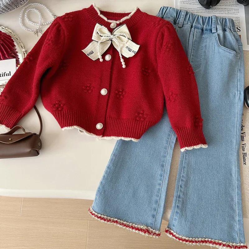 

Girls' Woolen Yarn Suit Autumn Clothes2024Autumn Baby Girl Sweater Coat Denim Bell-Bottom Pants Two-Piece Set
