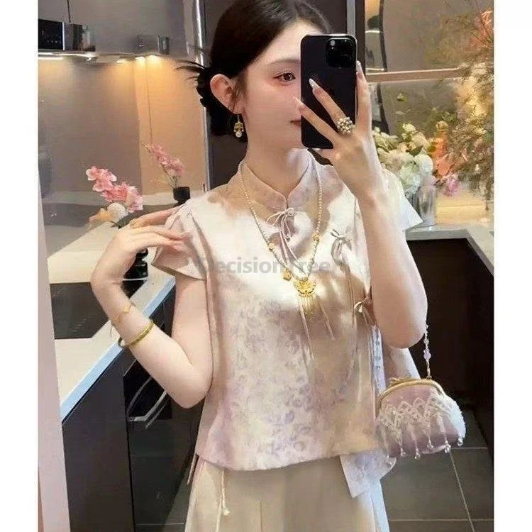 

2025 trendy advanced sense brocade qipao top irregular design retro fashionable cheongsam tops daily versatile elegant blouse