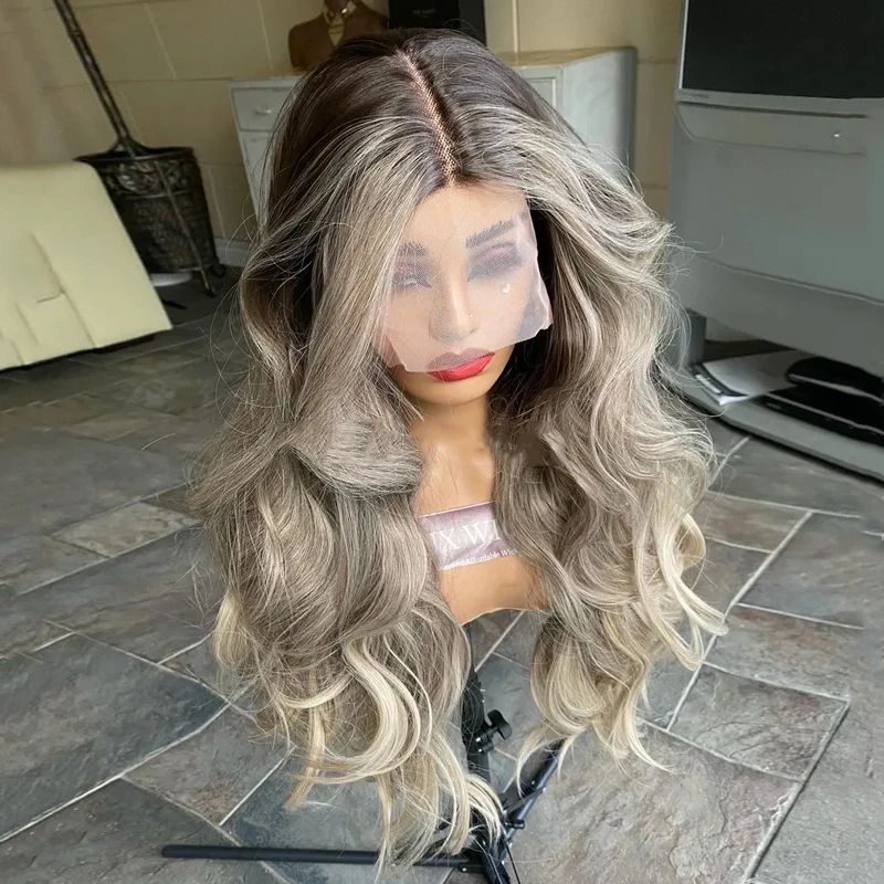 

Dark Ash Blonde Grey Highlights Synthetic Blended Wigs 28 inches Long Body Wave Wig Ombre Dark Roots Lightwight Ladies Wig