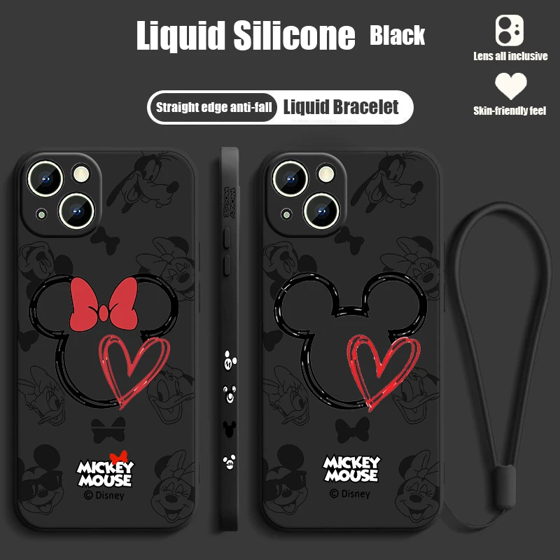 Disney Mickey Mouse Logo For Apple iPhone 15 14 13 12 11 XS XR X 8 7 Pro Max Plus Mini Liquid Left Rope Phone Case