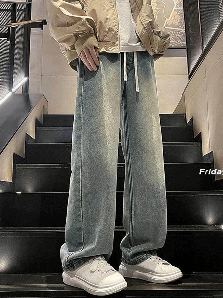 

Мужские джинсы прямого кроя в стиле ретро, повседневные широкие брюки, модные, для весны и осени, удобные, из смесового хлопка, прочные