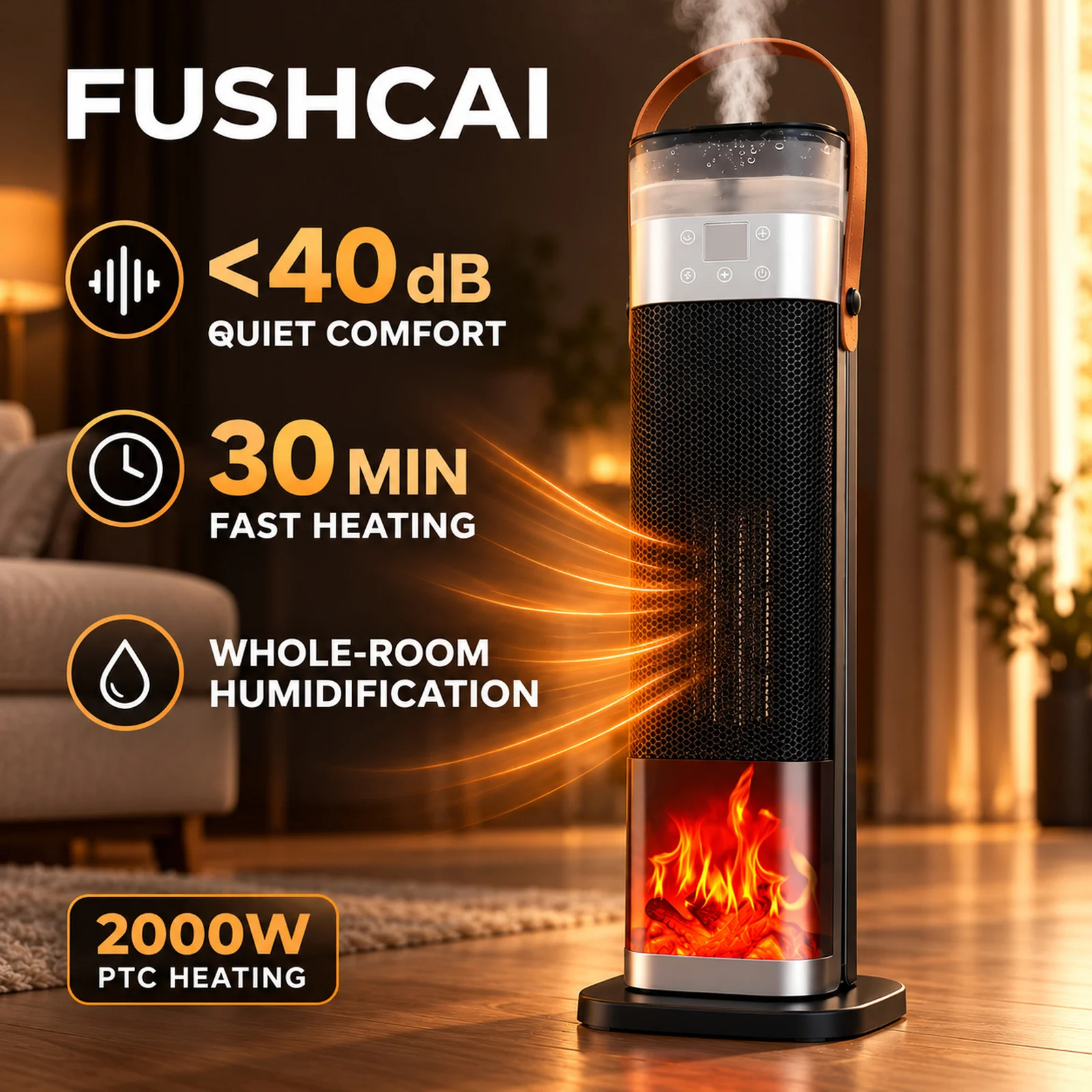 FUSHCAI 2000W PTC Ceramic Fan Heater with Humidifier and Flame Effect Remote Control 12H Timer 15-35°C Thermostat Oscillation