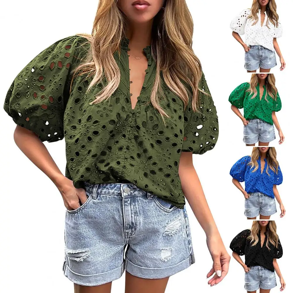 Vrouwen V-Hals Shirt Met Knoop Voor Dames Blouse Stijlvolle Zomer Tops V-Hals Lantaarn Mouw Shirt Geborduurde Blouse Streetwear