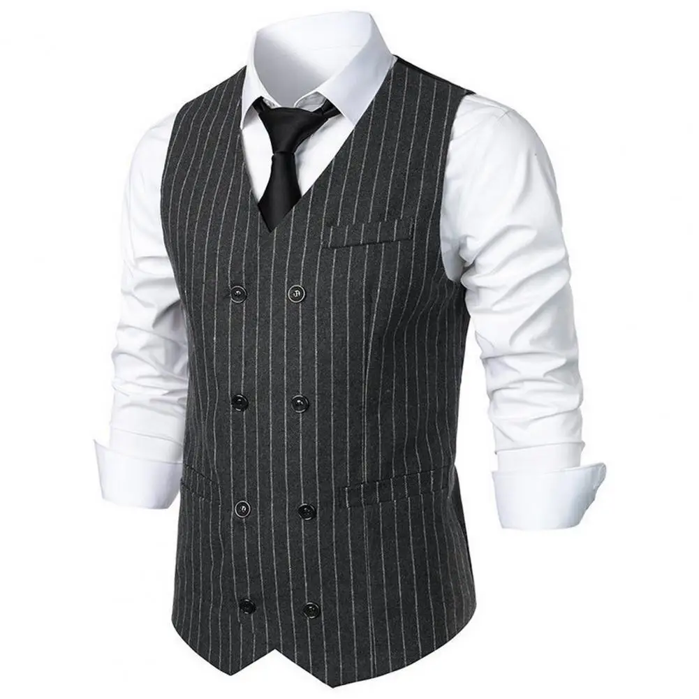 

Business Suit Waistcoat Elegant Double Breasted Striped Suit Vest for Men Vintage Retro Waistcoat with Patch Pockets for Wedding