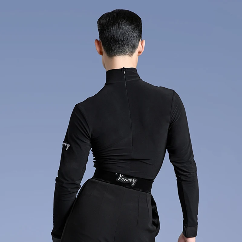 Vêtements d'entraînement de danse latine pour hommes, manches longues, col haut, vêtements de pratique de la rumba, vêtements de danse noirs pour garçons, VDL2187