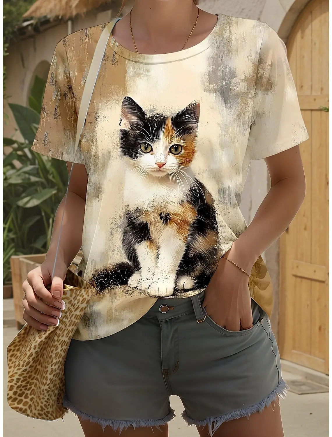 เสื้อยืดแฟชั่นฤดูร้อนลายสัตว์สำหรับผู้หญิง สไตล์น่ารัก พิมพ์ลายแมว แขนสั้น คอกลม ทรงปกติ