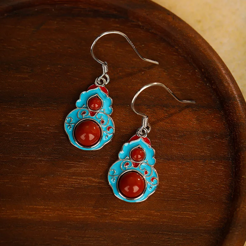 Gourd-Shaped S925 Silver Women'S Ancient Gold Drop Earrings With Burnt Blue Enamel Craftsmanship