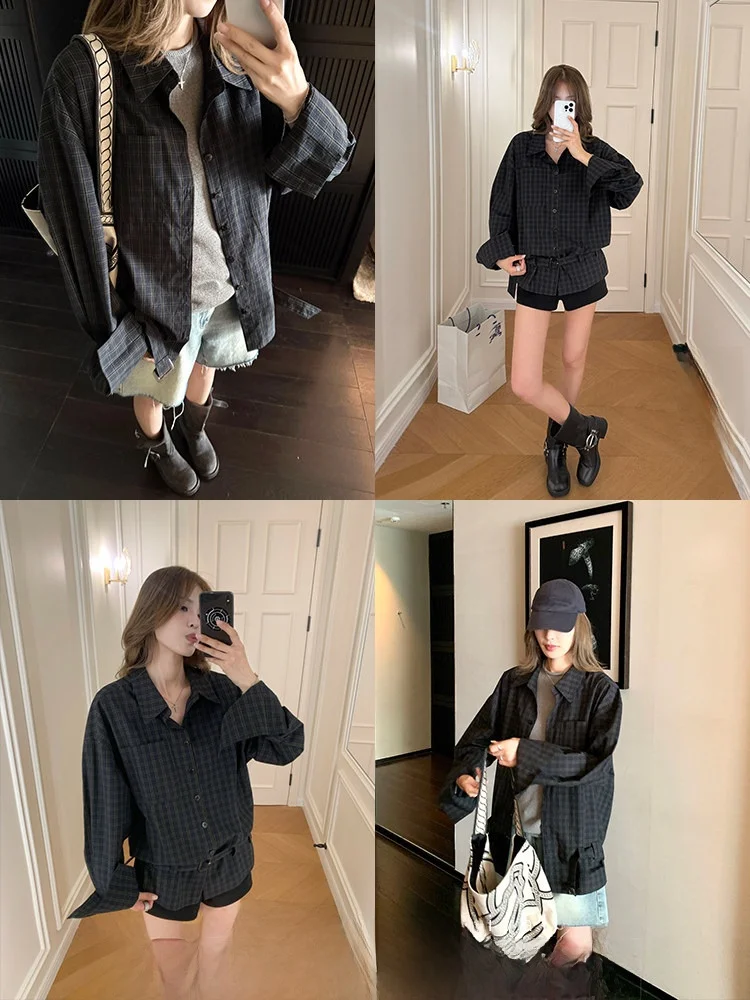 

Xzichic American Retro Plaid irt Women's Waist Belt Waist in Long Sve Women's Waist Belt irt Top Korean Loose Fit Pure...