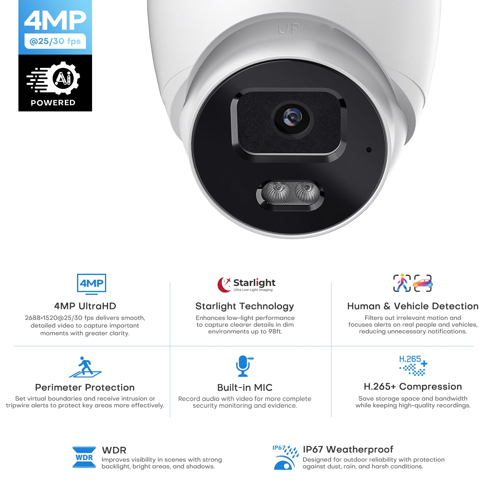 10 pcs 4MP Starlight Turret IP POE Security Camera Perimeter Protection Built in Mic IP67 Outdoor DMSS APP Home Store Office