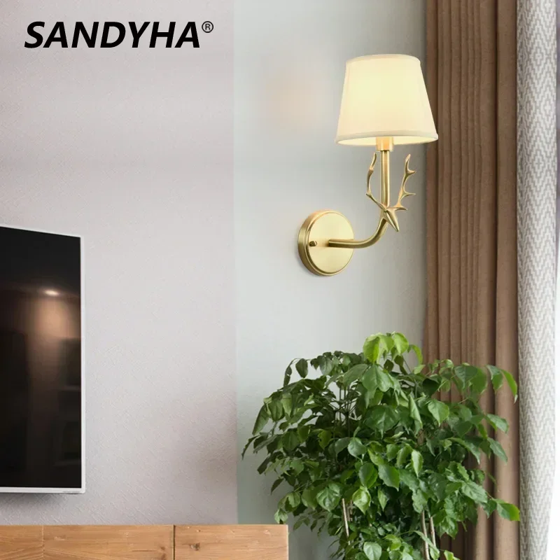 

SANDYHA Modern European Deer Head Led Wall Lamp All Copper Light Room Suitable for Home Decor Study Bedroom Kitchen Wand Lampen