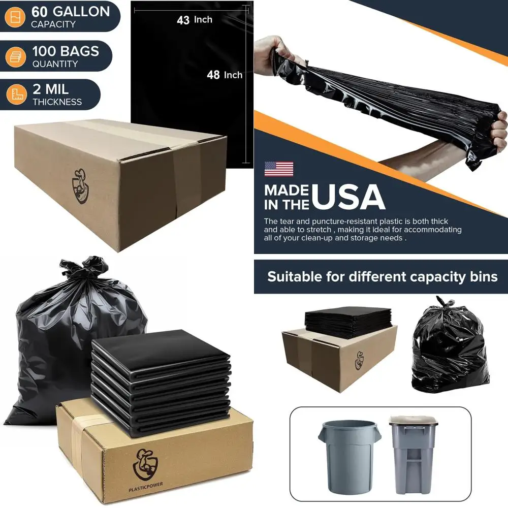 

Heavy-Duty 55-60 Gallon Trash Bags - 2 Mil Thick, Leak-Proof, Ultra Durable, Black - Ideal for Yard Waste, Kitchen, Commercial U