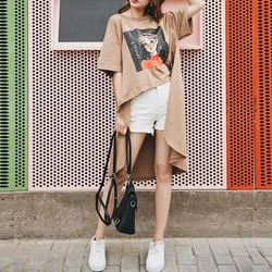 Street Casual Asymmetrical Loose Tops Summer New Printing Short Sleeve Solid Color Vintage T Shirts Fashion Trend Women Clothing