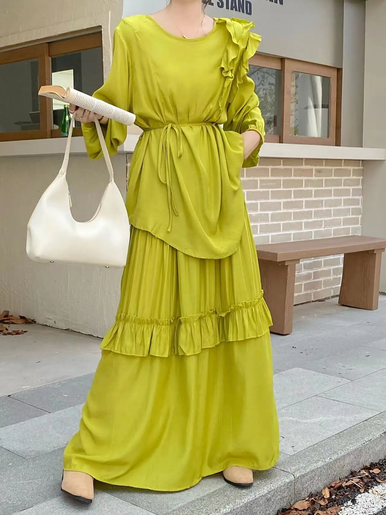 

Women's Loose Waist Cinched Hollow out Asymmetrical Hem Top And Skirt Set Full Body Draping Sensation Fashionable Ensemble