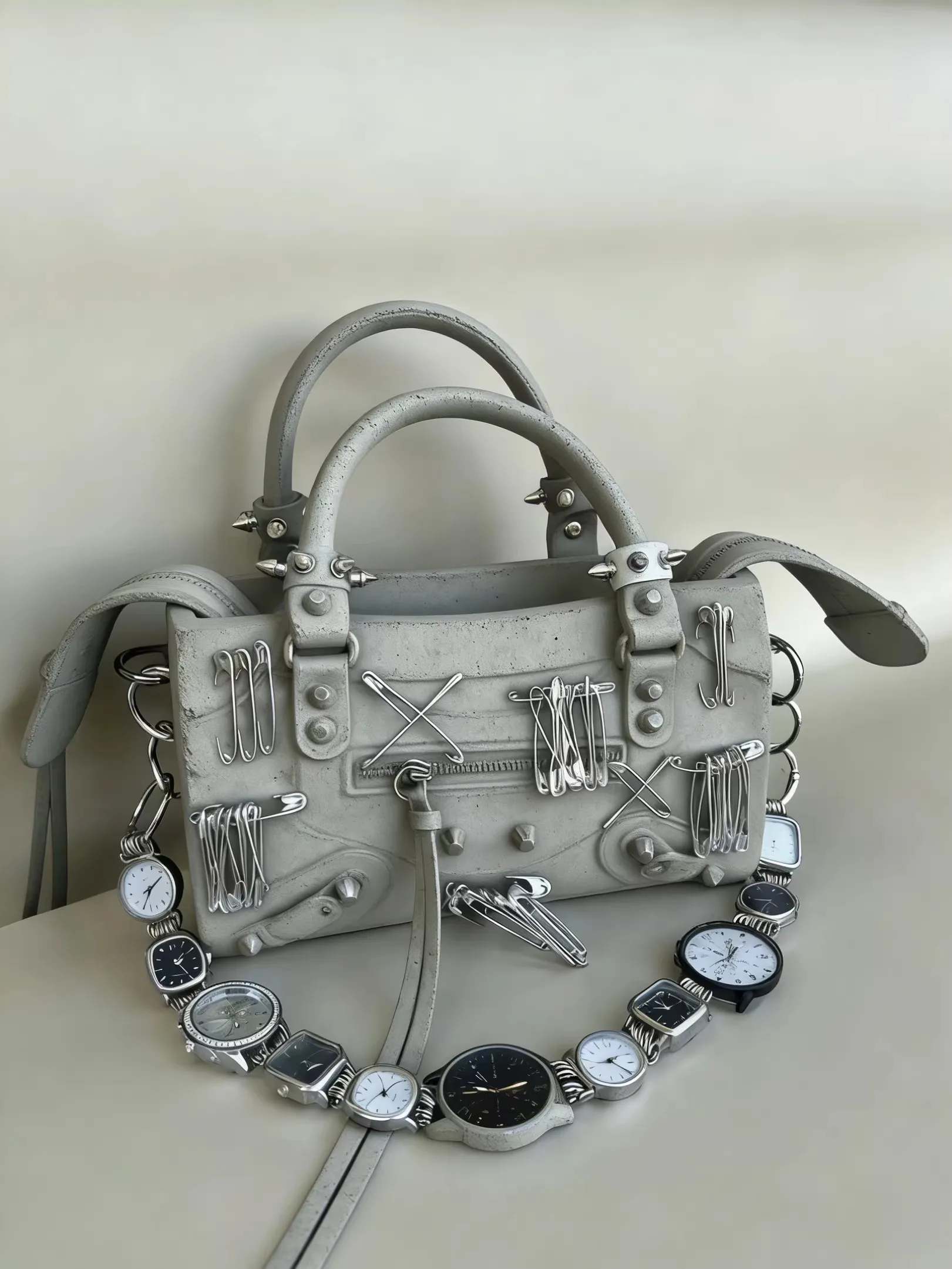 Original Unisex Retro Motorcycle Bag Women's Pin Clock Strap Shoulder Bag Punk Square Pu Handbag Large Capacity Rivet Tote Bag