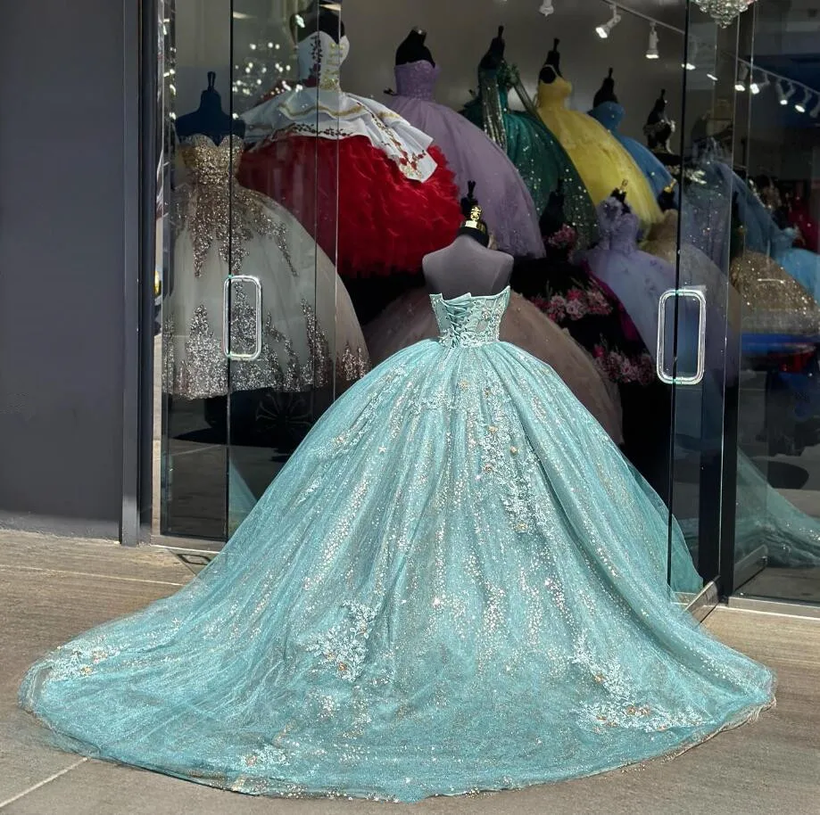 Vestidos de Quinceañera de lujo de princesa azul cielo, manga larga, falda Floral brillante, vestidos de xv años elegantes, dulce 15