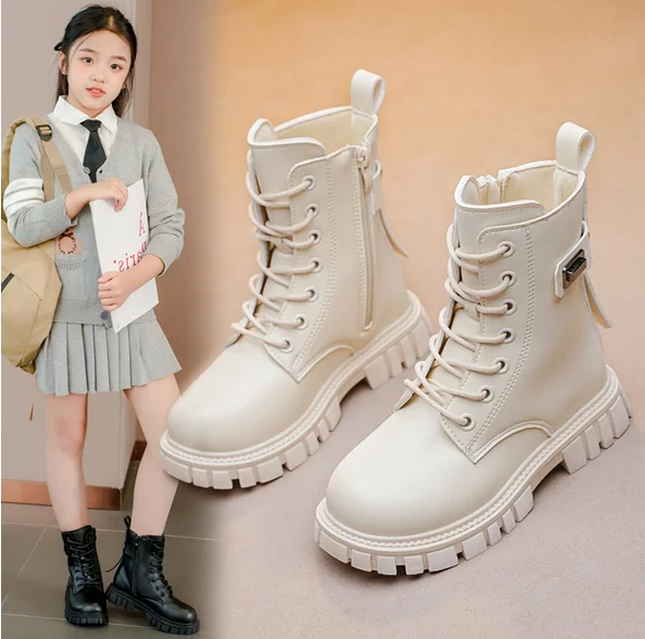 2024 Winter Children Fashion Girls Short Ankle Boots Korean Style Plush Snow Boots Kids Sport Shoes Cotton Leather Sneakers