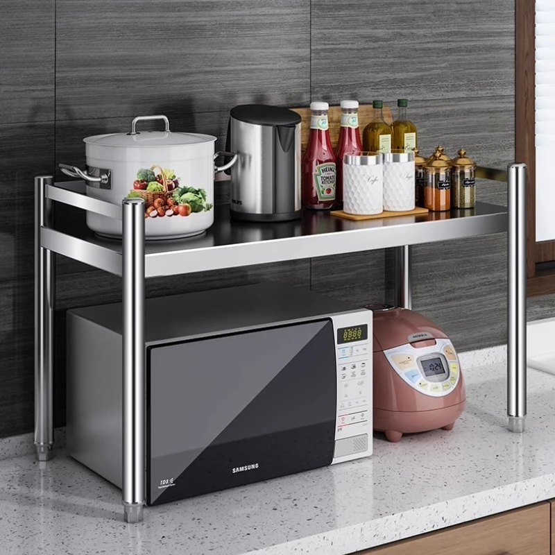 

Stainless Steel Kitchen Shelf Multi-Tier Microwave Oven Rack with Fence Space-Saving Countertop Organizer for Pots & Appliances