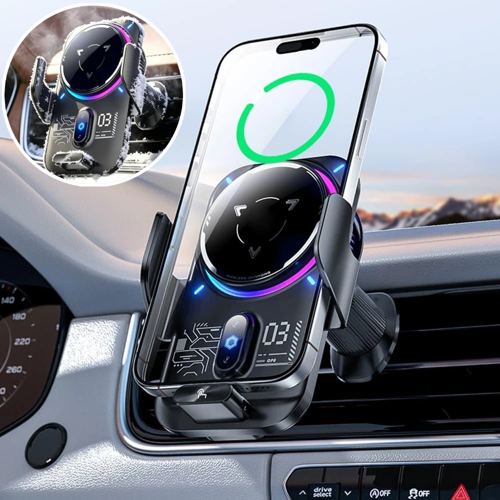 2-in-1 Magnetic Wireless Car Charger Phone Holder Semiconductor Cooling Mount 25W Fast Charging RGB Light Auto Clamp Mount