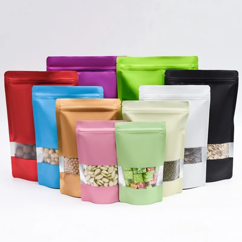 StoBag 100pcs Matte Color Food Packaging Ziplock Bag with Window Stand Up Sealed for Snack Nuts Beans Storage Reusable Pouches