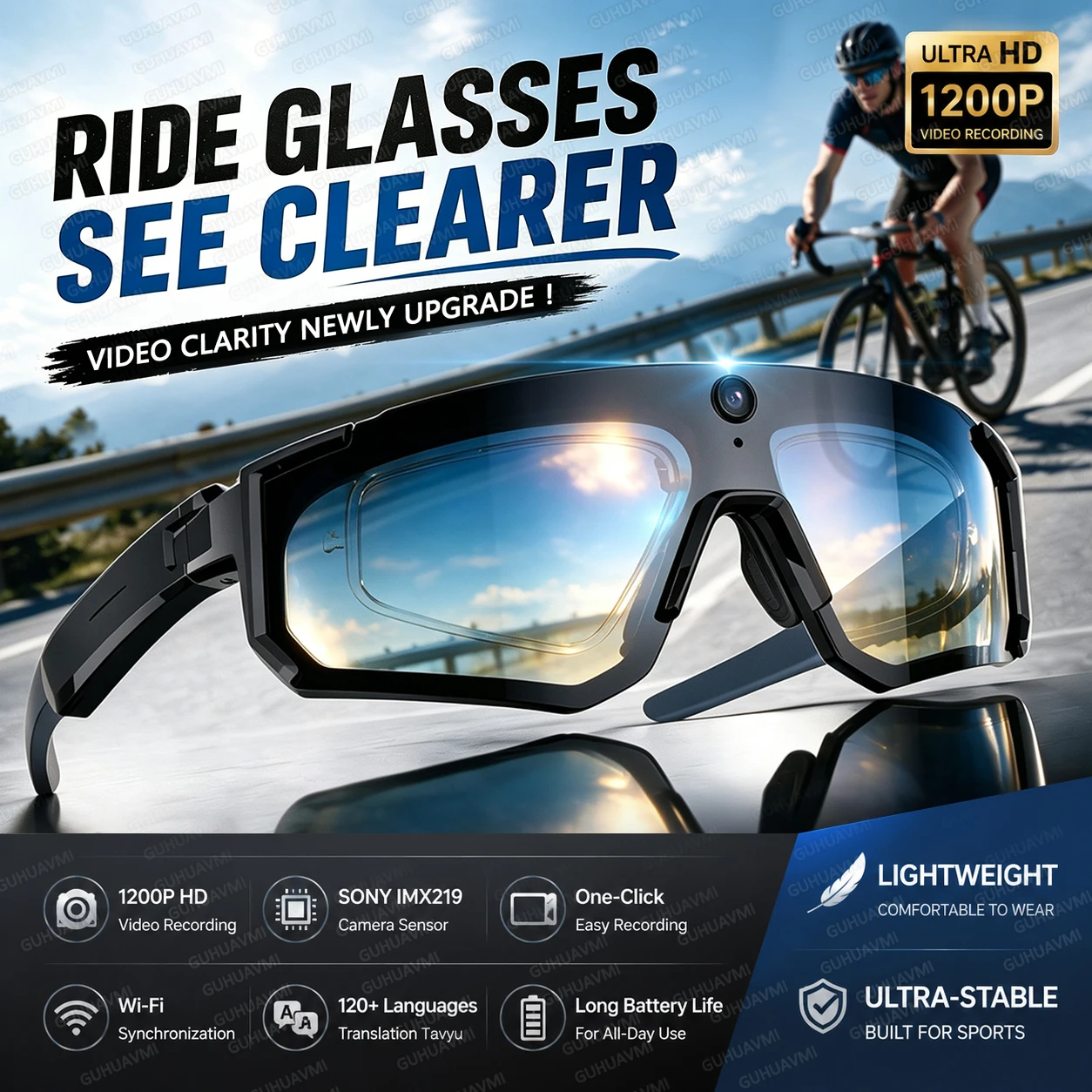 New AI Smart Glasses With Camera 1200P Video Recording Anti-Shake Shooting Sunglasses Bicycle Riding Windproof Goggles Men Women