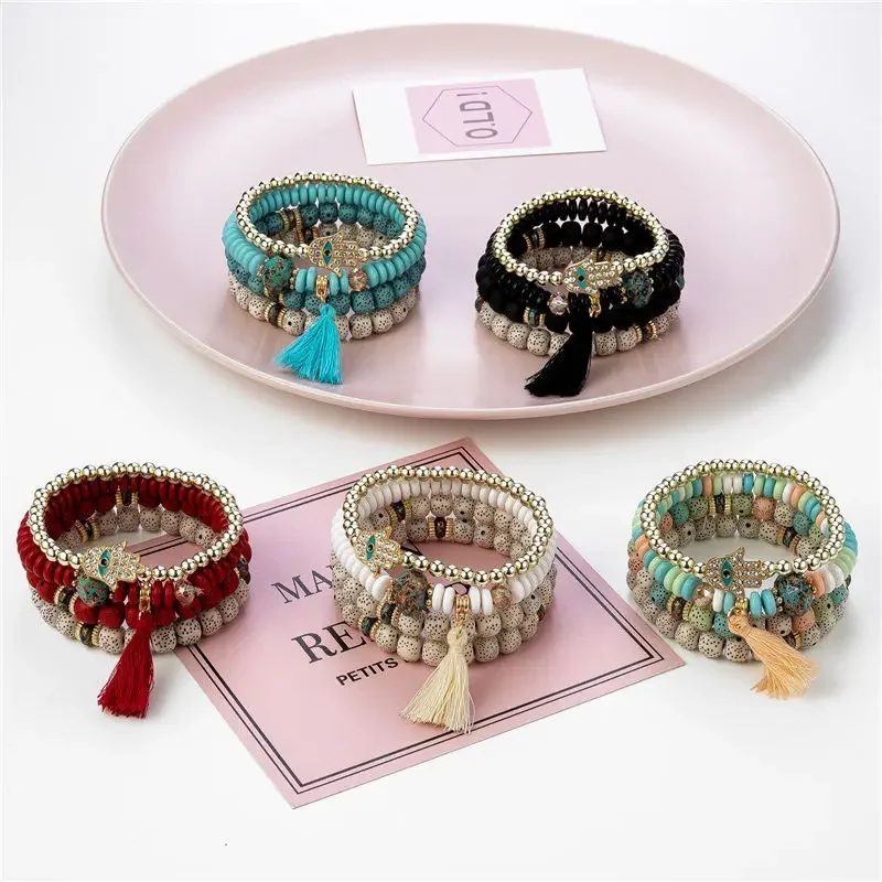 4Pcs Evil Eye Tassel Bracelet Set For Women Crystal Fatima Hand Charm Stone Beads Chain Bangle Men Bohemian Jewelry Gift