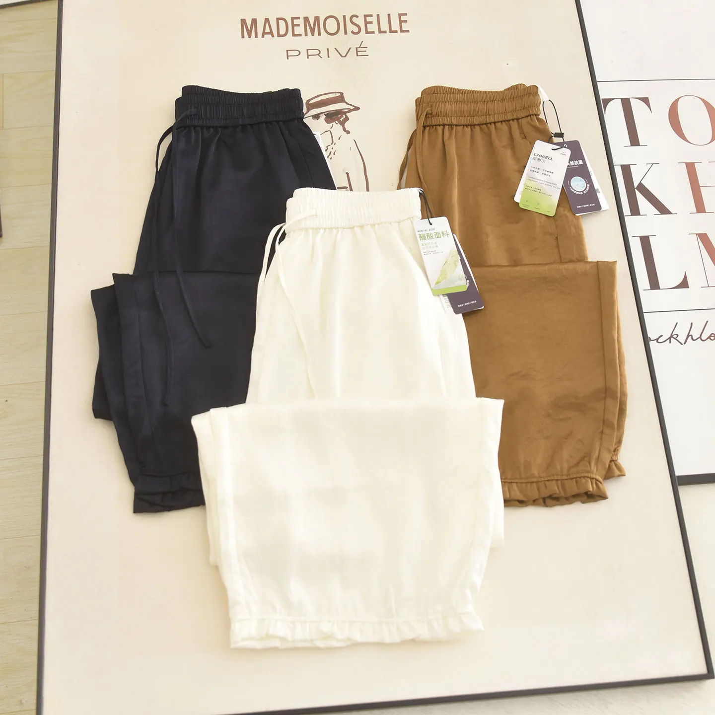 Acetate Lyocell Lantern Pants Smooth Sliding High Waist Wide Leg Casual Trousers Nine Points Wooden  Ruffle Slimming