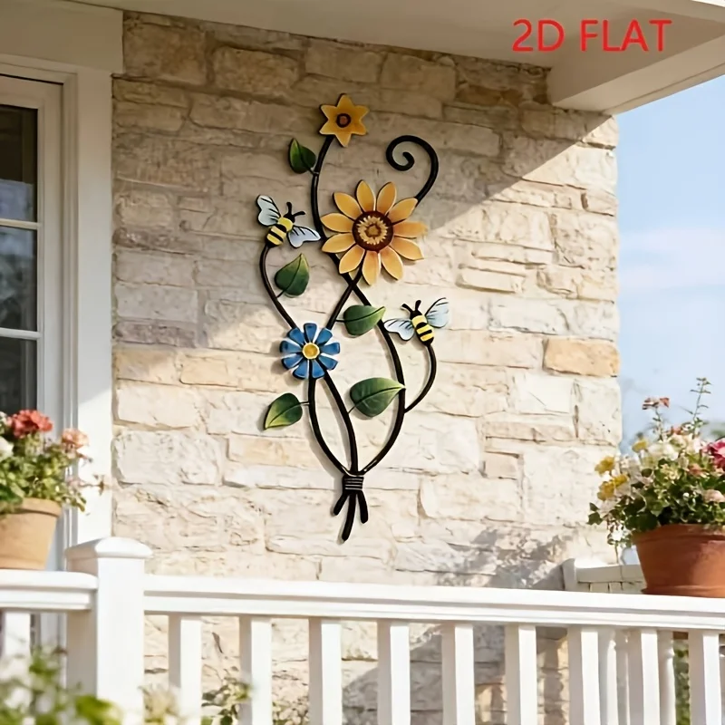 2D Flat, Metal Bee Flower Wall Art, Rustic Style, Suitable for Home Wall Decoration, Garden Terrace Balcony Decor, Holiday Gifts