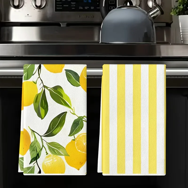قطعتان من مناشف المطبخ المخططة بالليمون والأصفر والأبيض، مجموعة مناشف 40 سم * 60 سم، قماش تنظيف ناعم فائق الامتصاص، منشفة شاي للطبخ والخبز، منشفة يدوية، قماش تنظيف، ديكور غرفة المطبخ، أساسيات المطبخ، أساسيات المنزل