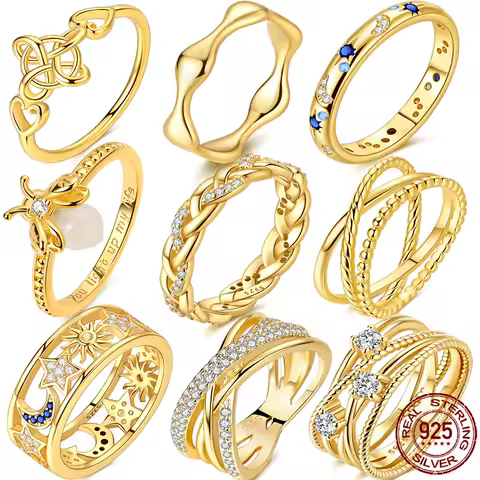 Original 925 Sterling Silver Golden Ring Star Moon Firefly Zircon Size 6-9 For Women Valentine's Birthday Gift DIY Jewelry