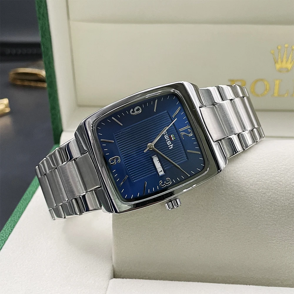 Swish Classic Blue Square Business Quartz Watch For Men Stainless Steel Strap 40mm Weekday Calendar Relogio Masculino