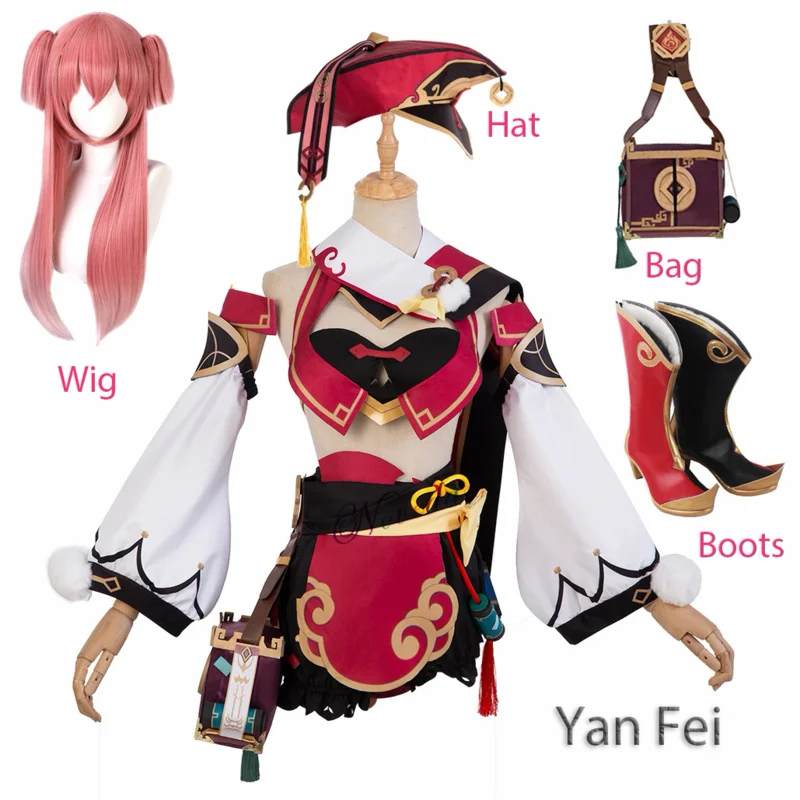 

Genshin Impact Costume Yan Fei Cosplay Wig Shoes Bag Yanfei Dress Halloween Party Game Clothes For Women Girls Anime Suit