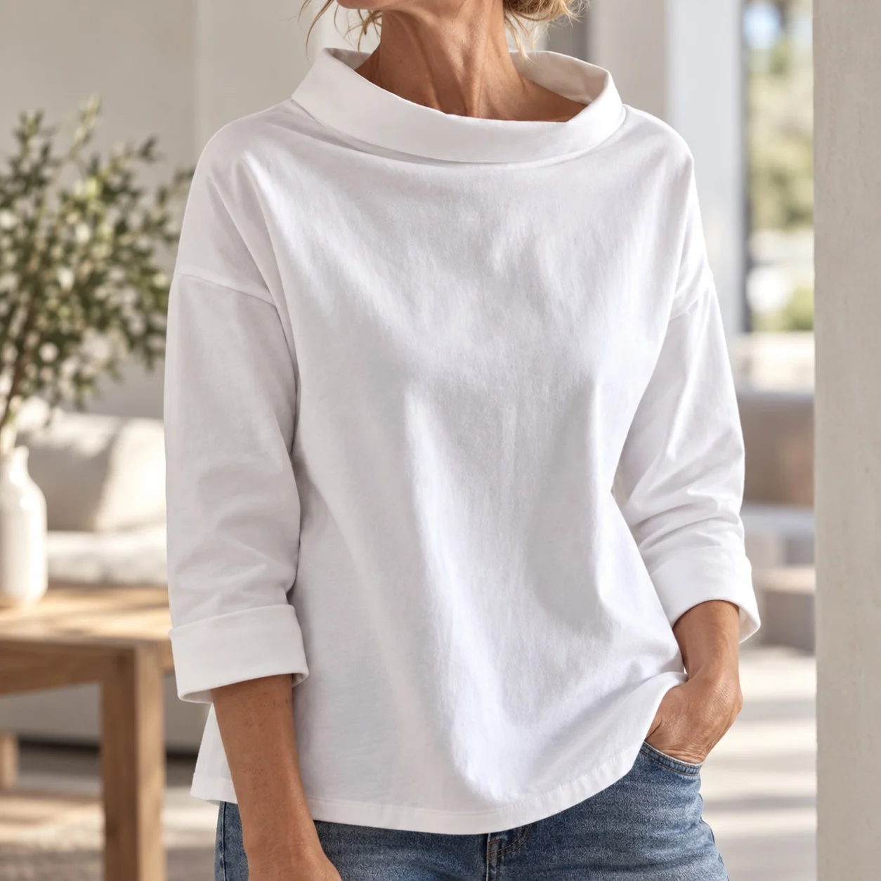 Long Sleeve Top No Hood Regular Length Commuter Style with Mock Neck Regular Sleeve Loose Fit Spring Casual T Shirts for Women