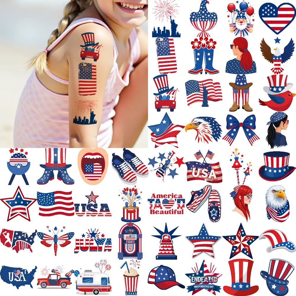 

63pcs Temporary Tattoo Uncle Sam Hat Cartoon USA Map American Flag Waterproof Long-lasting Body Stickers Statue Of Liberty For