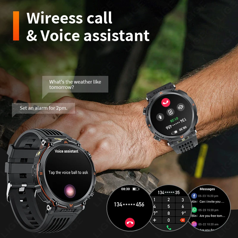 LIGE nuevo reloj inteligente 2024 UV linterna brújula impermeable reloj deportivo llamada inalámbrica 600mAh batería grande al aire libre Smartwatch hombres