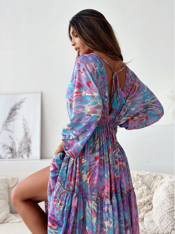 Moda boêmio solto maxi vestido para mulher 2025 primavera verão manga comprida sexy profundo decote em v grande floral impressão fenda vestidos